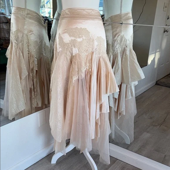 Free People Champagne Lace-Trim Asymmetrical Satin Dress - Picture 9 of 15